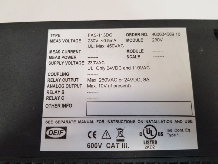 Deif fas-113dg synchronisation & circuit breaker 230v