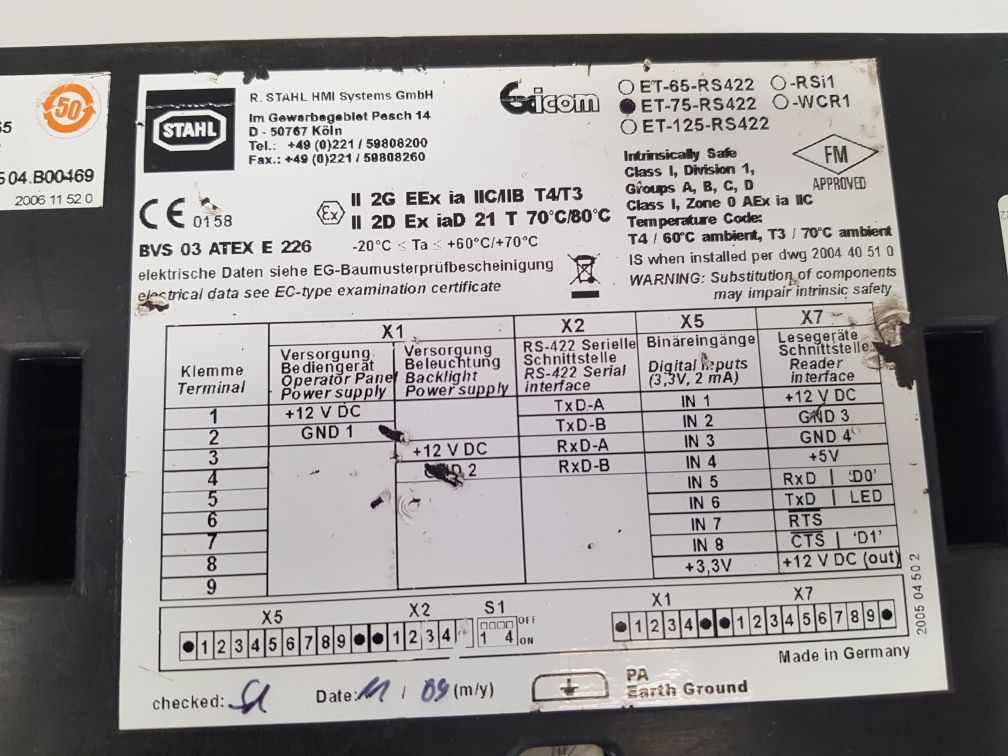 Stahl exicom et-75-rs422 hmi operator terminal