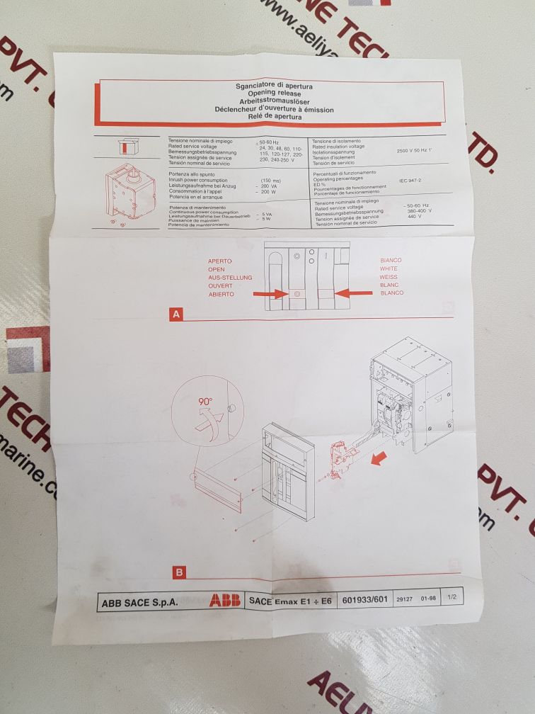 Abb sace yo-1sda038292r1 yc-1sda038302r1 shunt opening release supply voltage