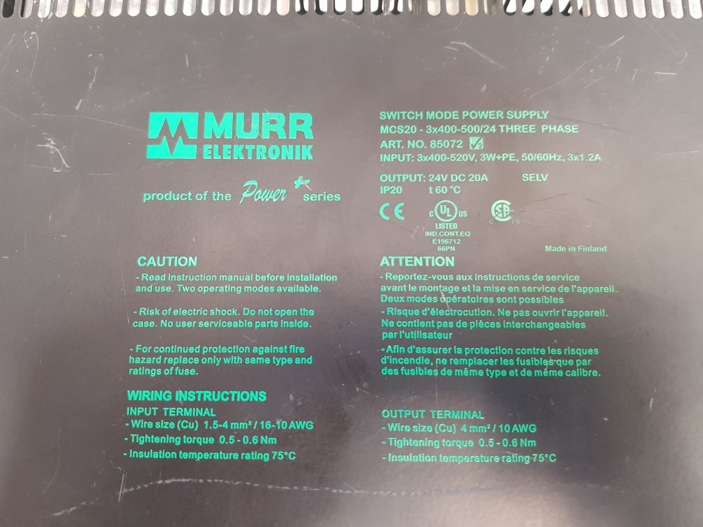 Murr elektronik mcs20-3×400-500/24 switch mode power supply 85072