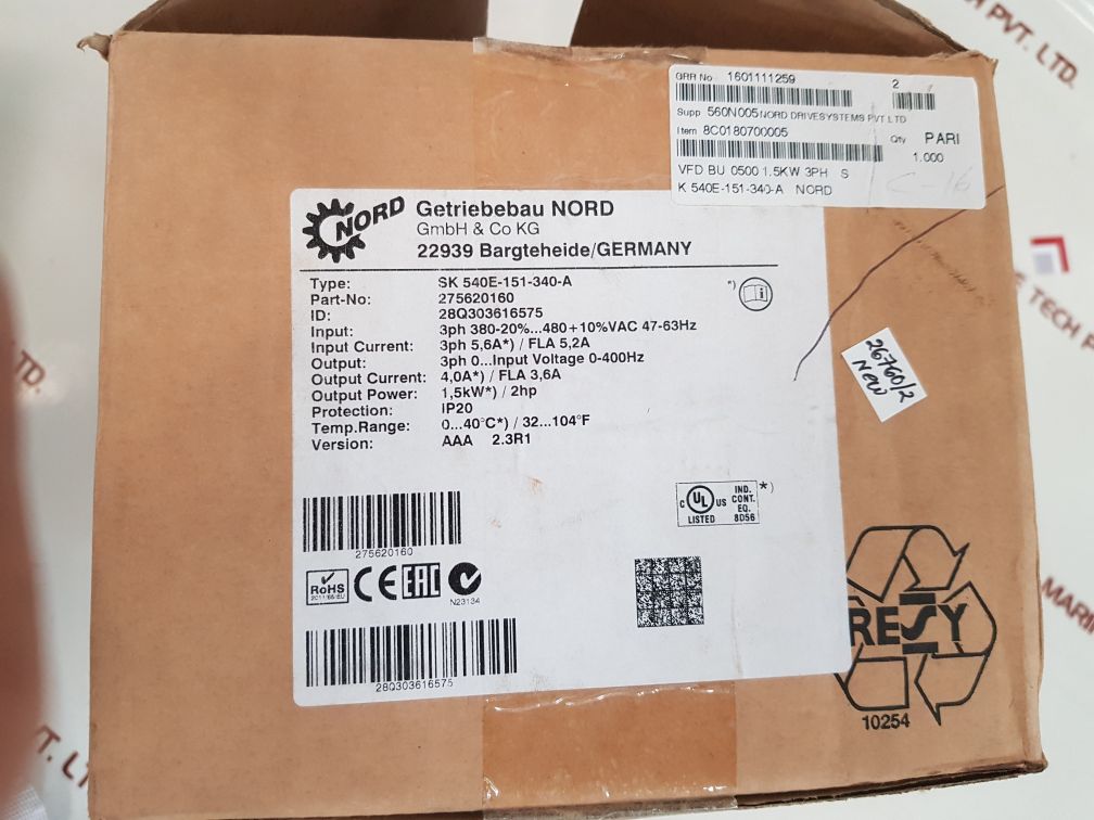 Nordac sk540e-151-340-a inverter drive 
