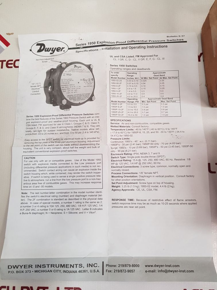 Dwyer 1950-00-2F Explosion-proof Differential Pressure Switch With Box