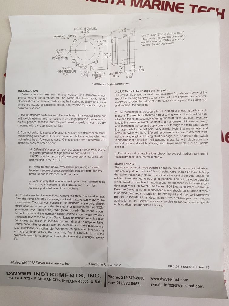 Dwyer 1950-00-2F Explosion-proof Differential Pressure Switch With Box