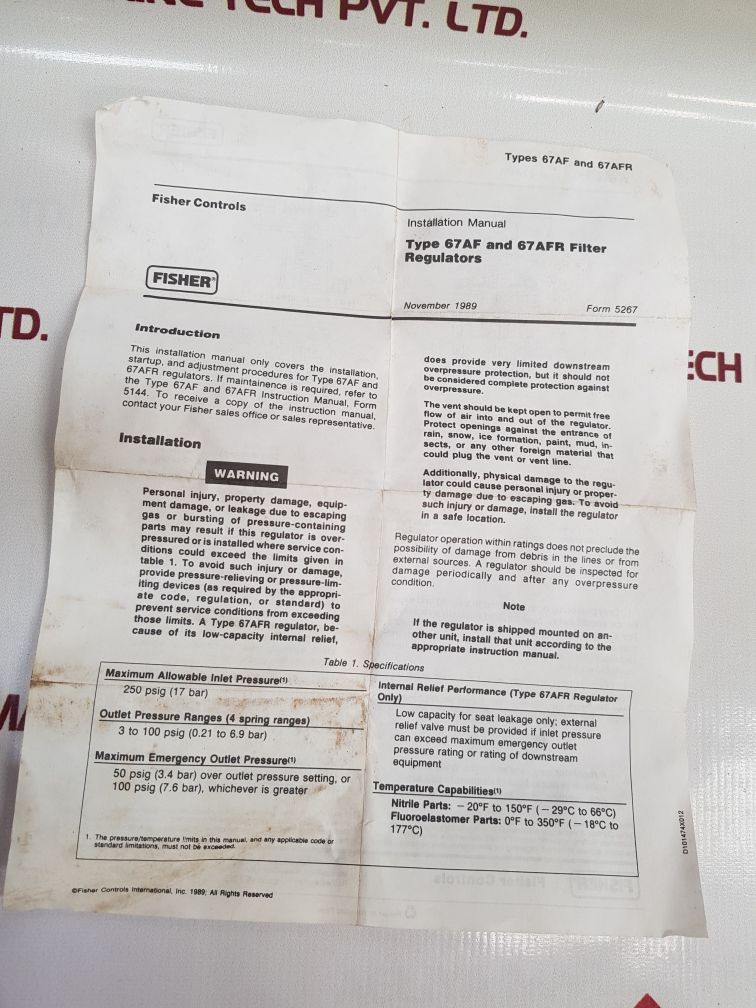 Fisher 67Afr/226 Pressure Regulator