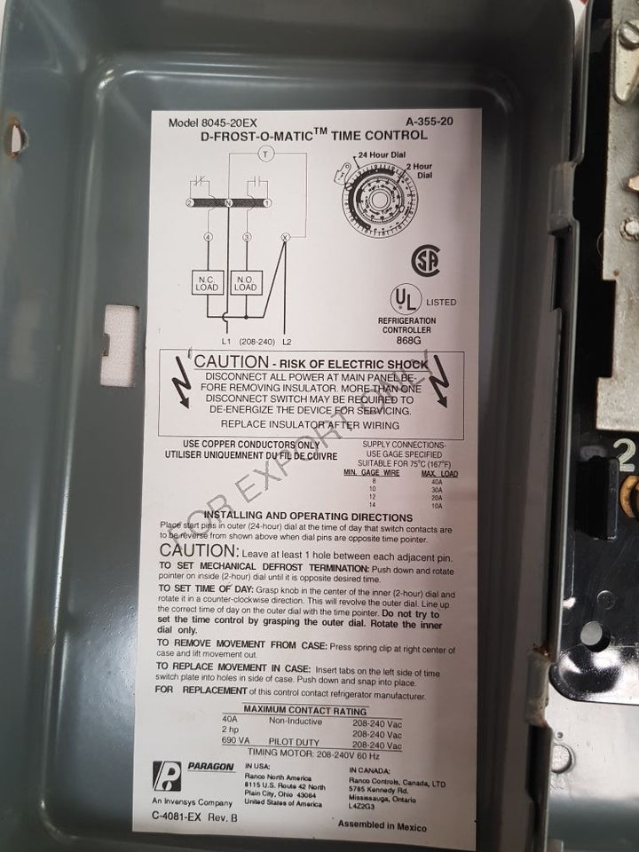 Paragon 8045-20Ex Defrost Timer Control