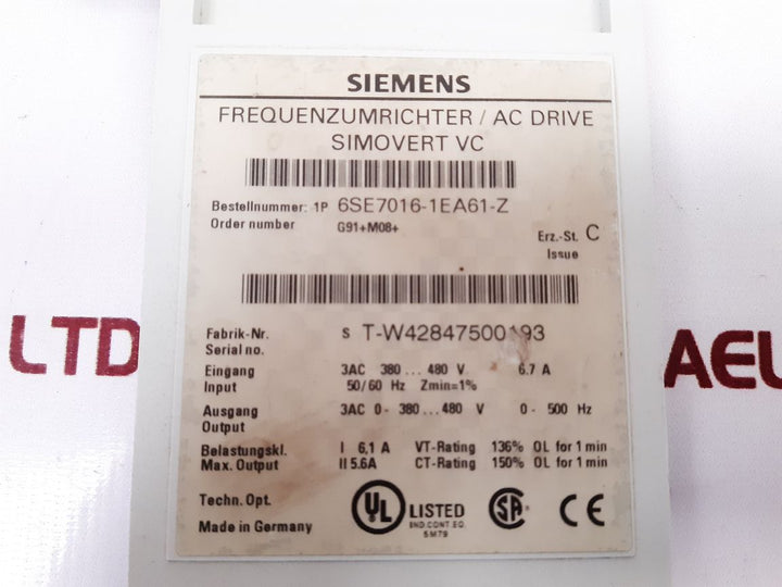 Siemens 6Se7016-1Ea61-z Ac Drive Front Cover