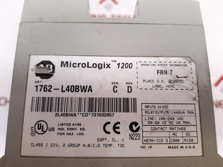 Allen-bradley 1762-l40Bwa Ser.: C Micrologix 1200 Controller Rev. D