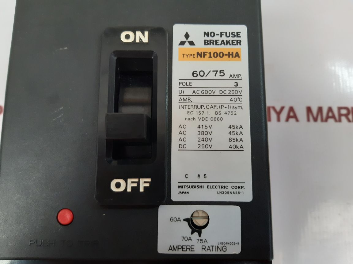 Mitsubishi Nf100-ha No-fuse Circuit Breaker 60/75 Amp