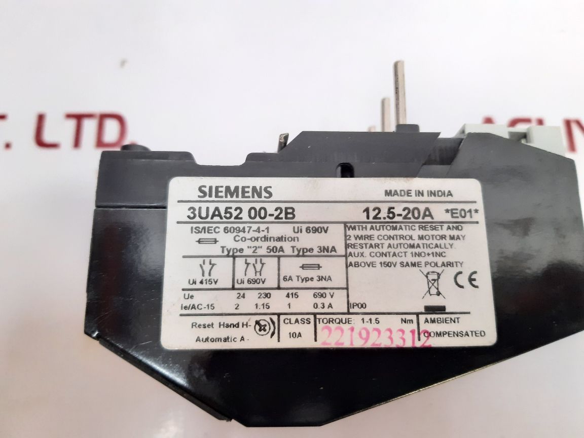 Siemens 3Ua52 00-2B Overload Relay 12.5-20A