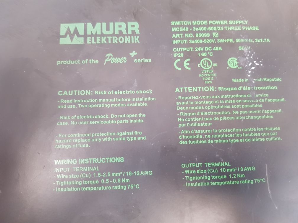 Murr Elektronik 85099 Switch Mode Power Supply Mcs40-3X400-500/24 (Not Working)