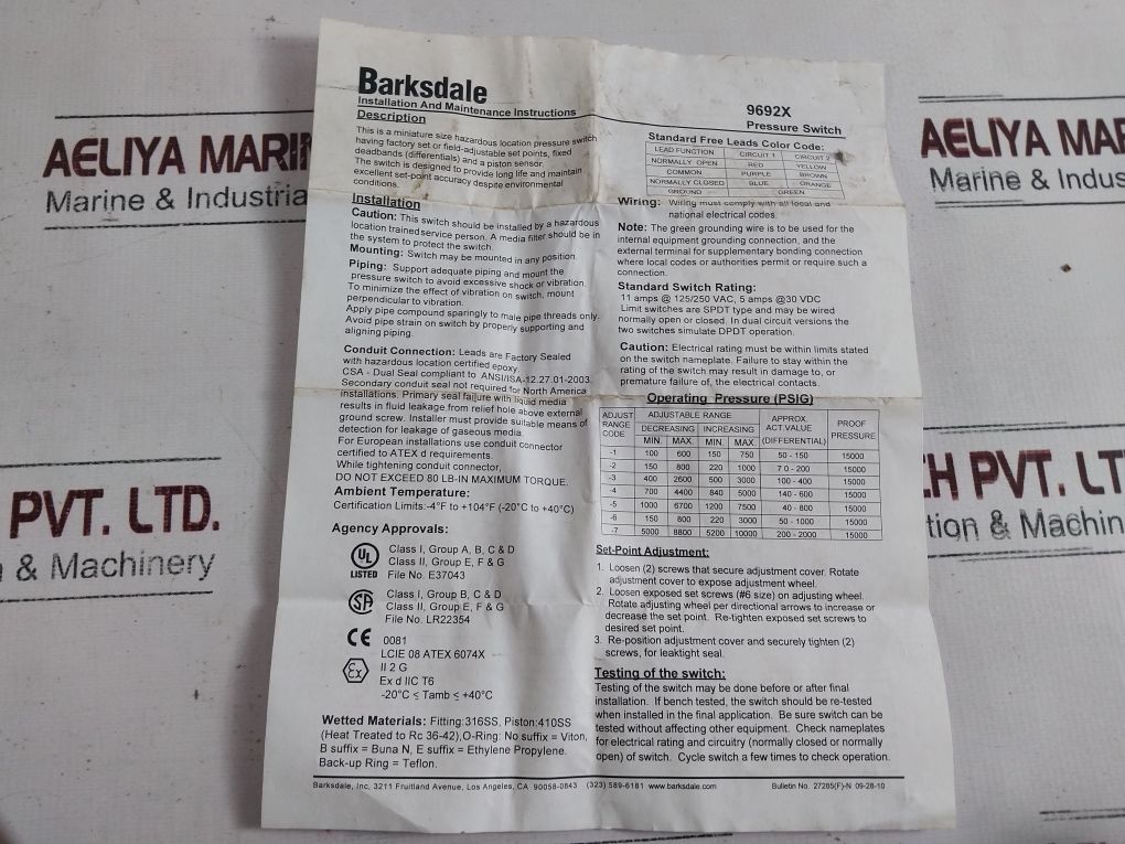 Barksdale 9692X-1Cc-3-s0694 Flameproof Switch With Rexroth 100% Ed Solenoid Coil