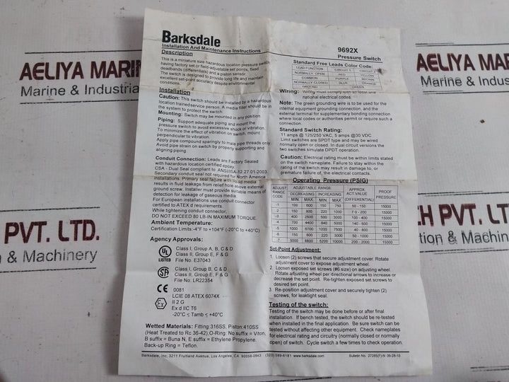 Barksdale 9692X-1Cc-3-s0694 Flameproof Switch With Rexroth 100% Ed Solenoid Coil