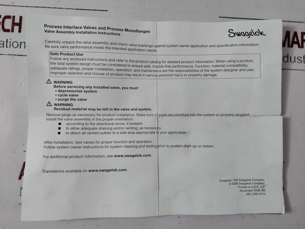 Swagelok M5706S0003 Process Interface Valves And Process Monoflanges Valve