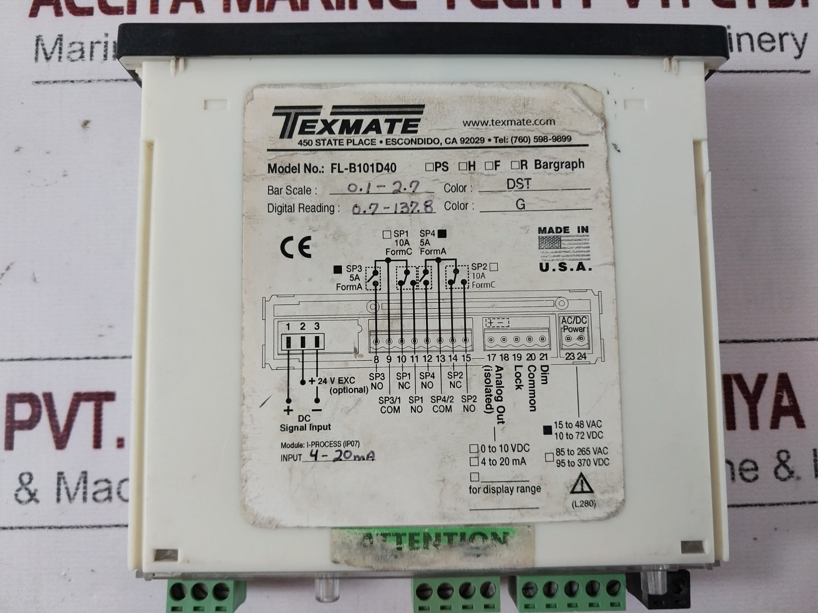 Texmate Fl-b101D40 Bargraph Meter Barscale:0.1-2.7 M,Digital Reading:0.7-137.8M3