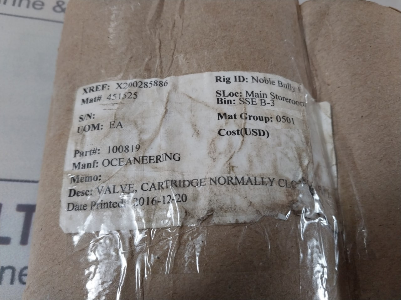 Oceaneering 100819 Cartridge Valve 100368B