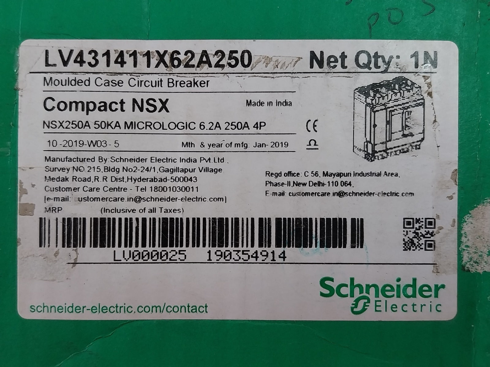 Schneider Electric Lv431411X62A250 Moulded Case Circuit Breaker 250N