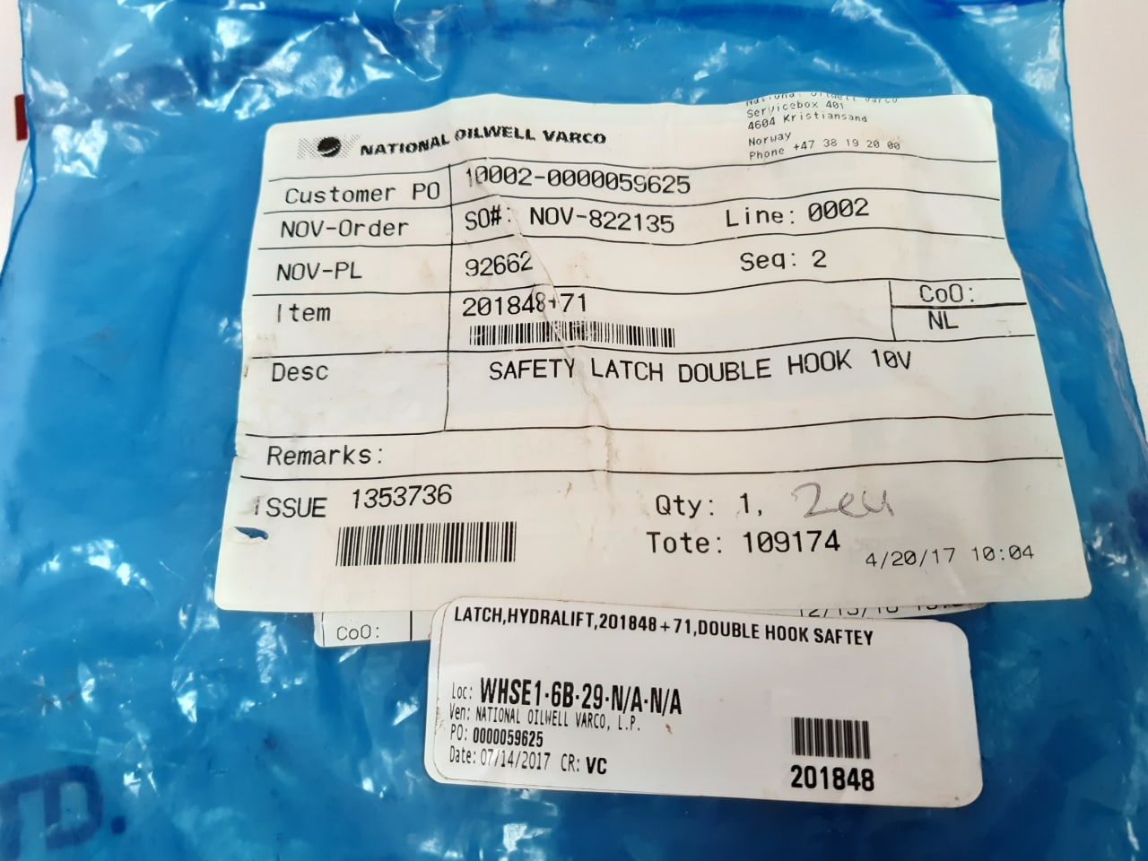 National Oilwell Varco 201848+71 Safety Latch Double Hook 10V