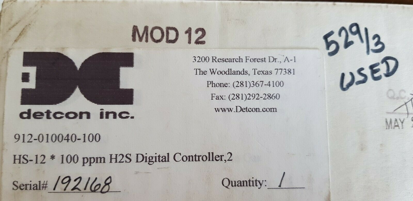 Detcon model 12 hs-12*100 ppm h2s digital controller