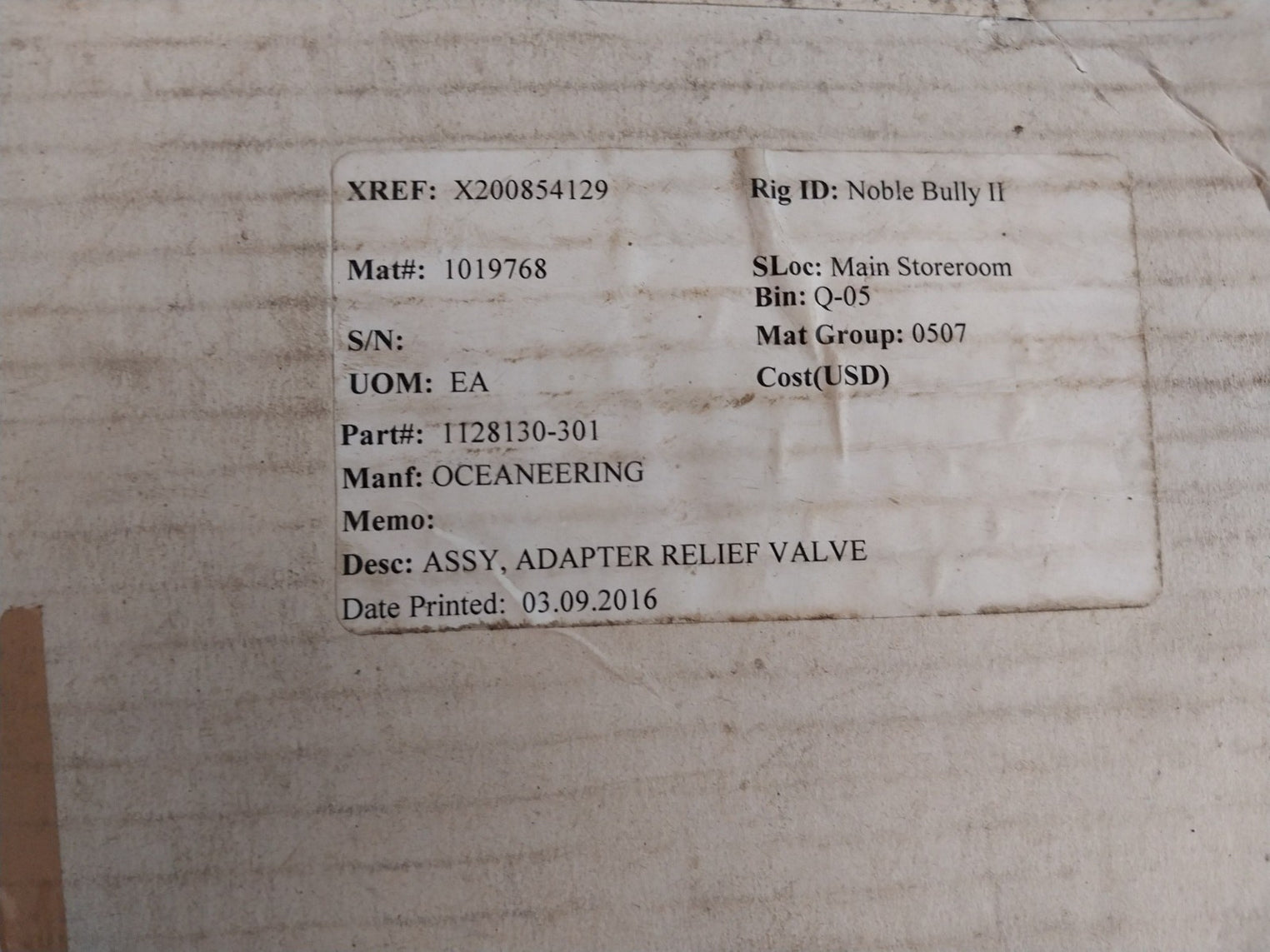 Oceaneering 0461654 Adapter Relief Valve Assy