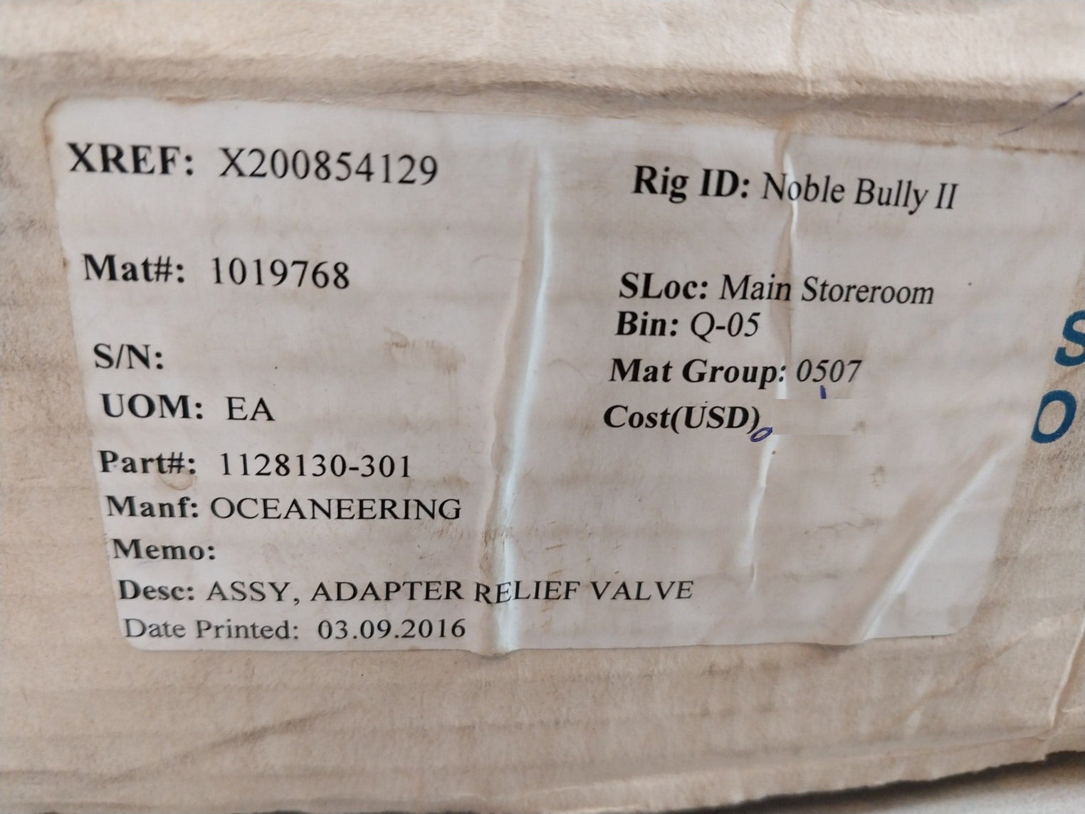 Oceaneering 0461654 Adapter Relief Valve Assy