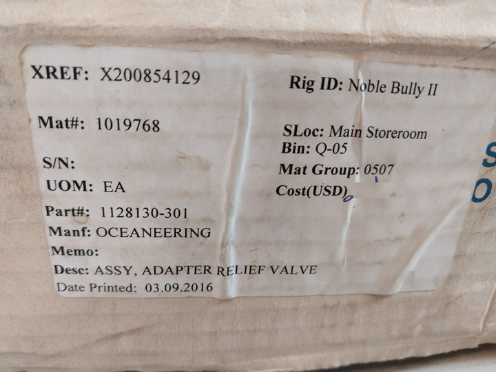 Oceaneering 0461654 Adapter Relief Valve Assy