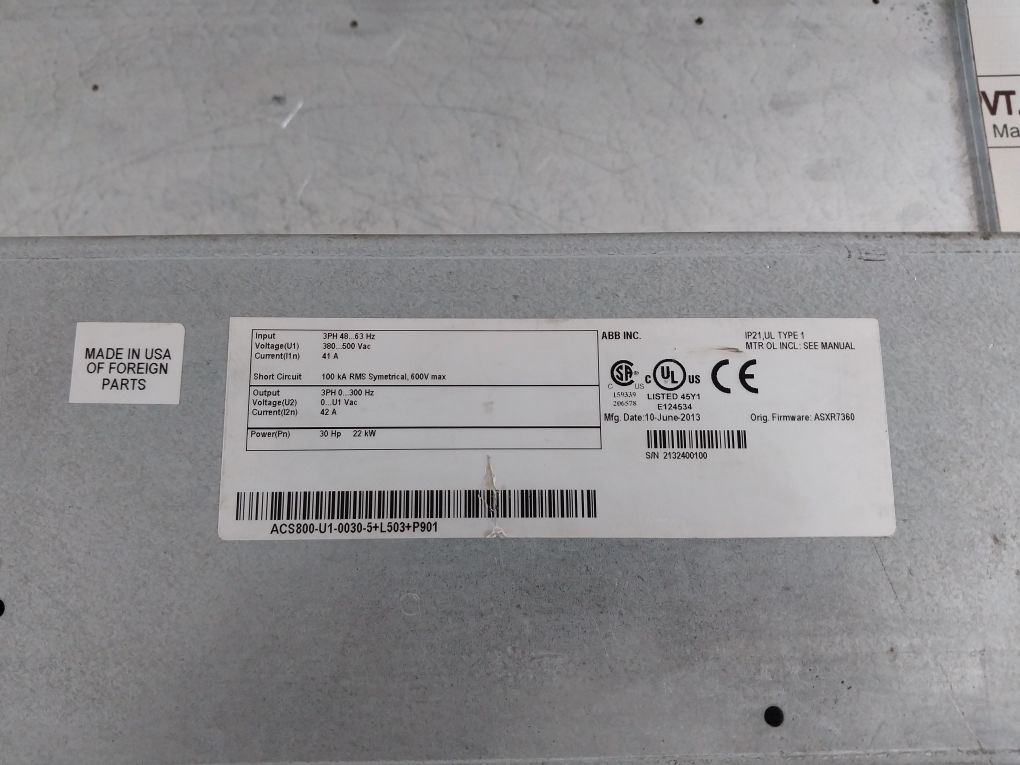 Abb Acs800-u1-0030-5+L503+P901 Variable Frequency Drive Ip21,Ul Type 1