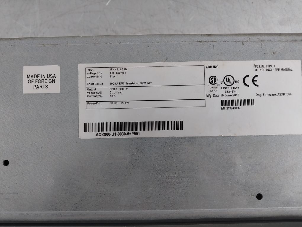 Abb Acs800-u1-0030-5+P901 Enclosed Variable Frequency Drive 380..500Vac