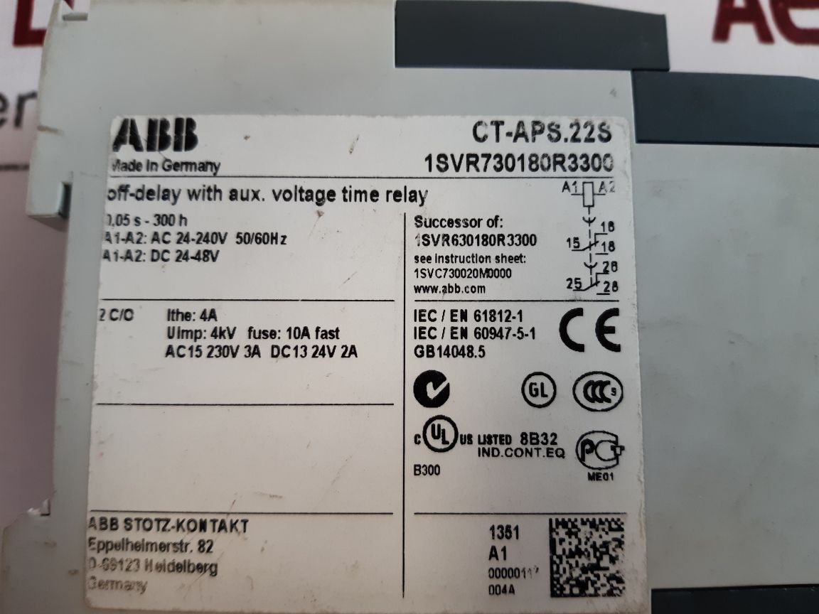 Abb Ct-aps.22S Off-delay With Aux. Voltage Time Relay

