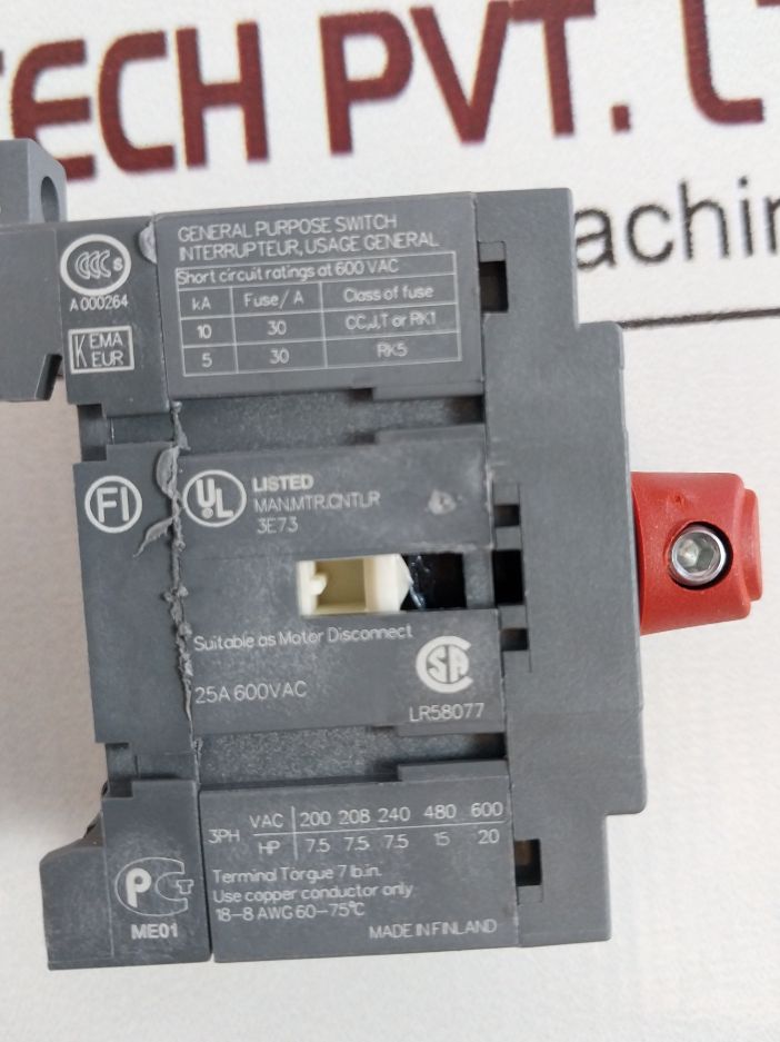 Abb Ot25E3 Disconnect Switch/Load Break Switch 25A 600Vac