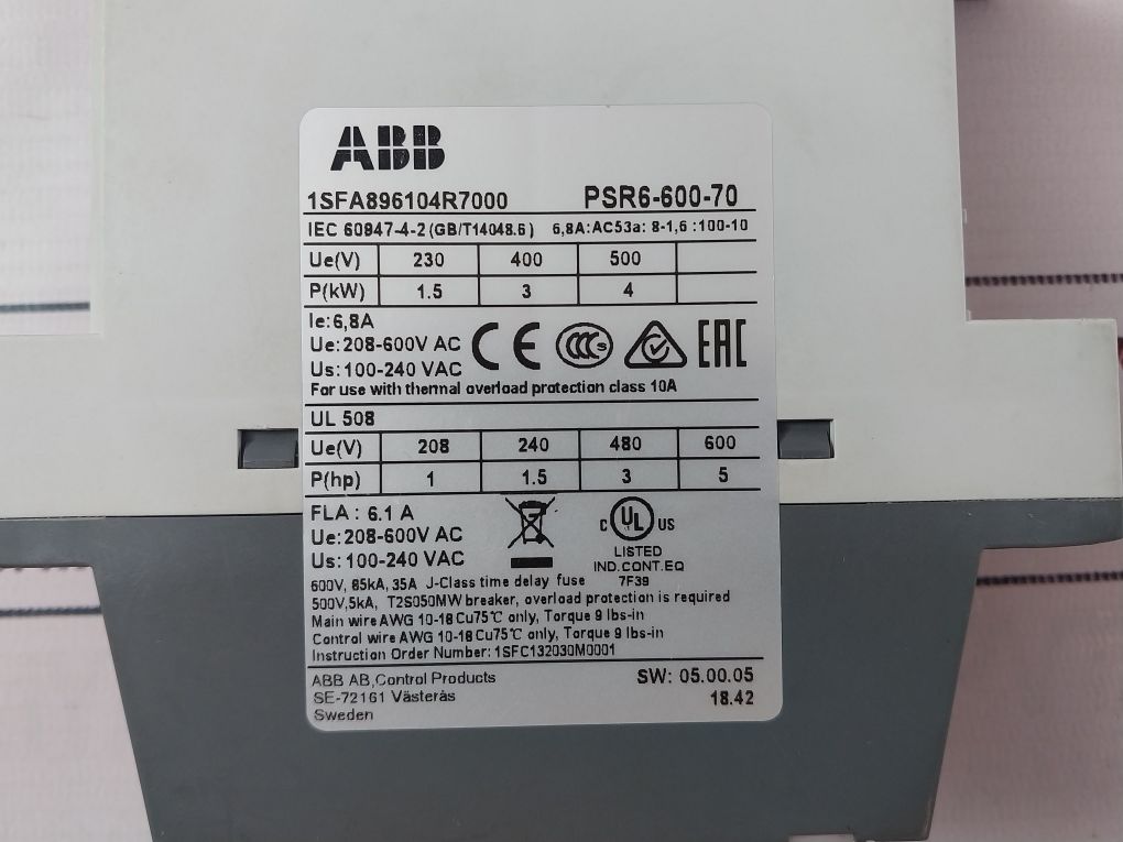 Abb Psr6-600-70 Soft Starter Motor Power 1Sfa896104R7000