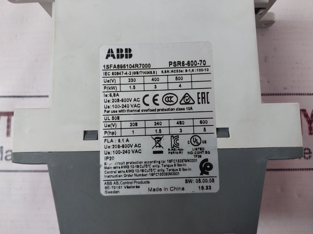 Abb Psr6-600-70 Soft Starter Controller 208-600 V Ac 100-240 V Ac