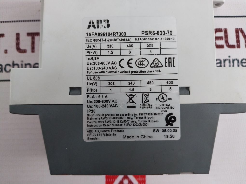 Abb Psr6-600-70 Soft Starter Motor Power 208-600V Ac