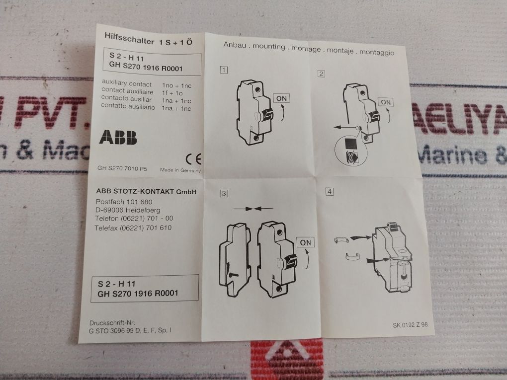 Abb S2-h11 Auxiliary Contact 1No+1Nc