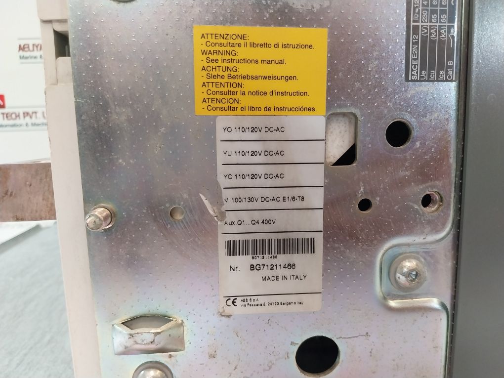 Abb Sace E2N 12 Circuit Breaker 110-120V 50-60Hz 1250A