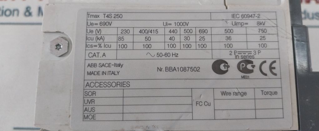 Abb T4S 250 Circuit Breaker 250A 50-60Hz