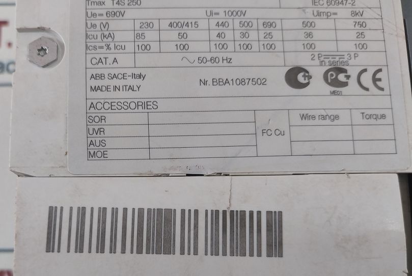 Abb T4S 250 Circuit Breaker 250A 50-60Hz