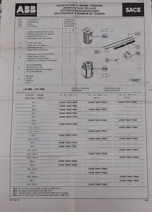 Abb Uxab 739231-r970 Undervoltage Trip Voltage Loose Kit For Limitor Ln800