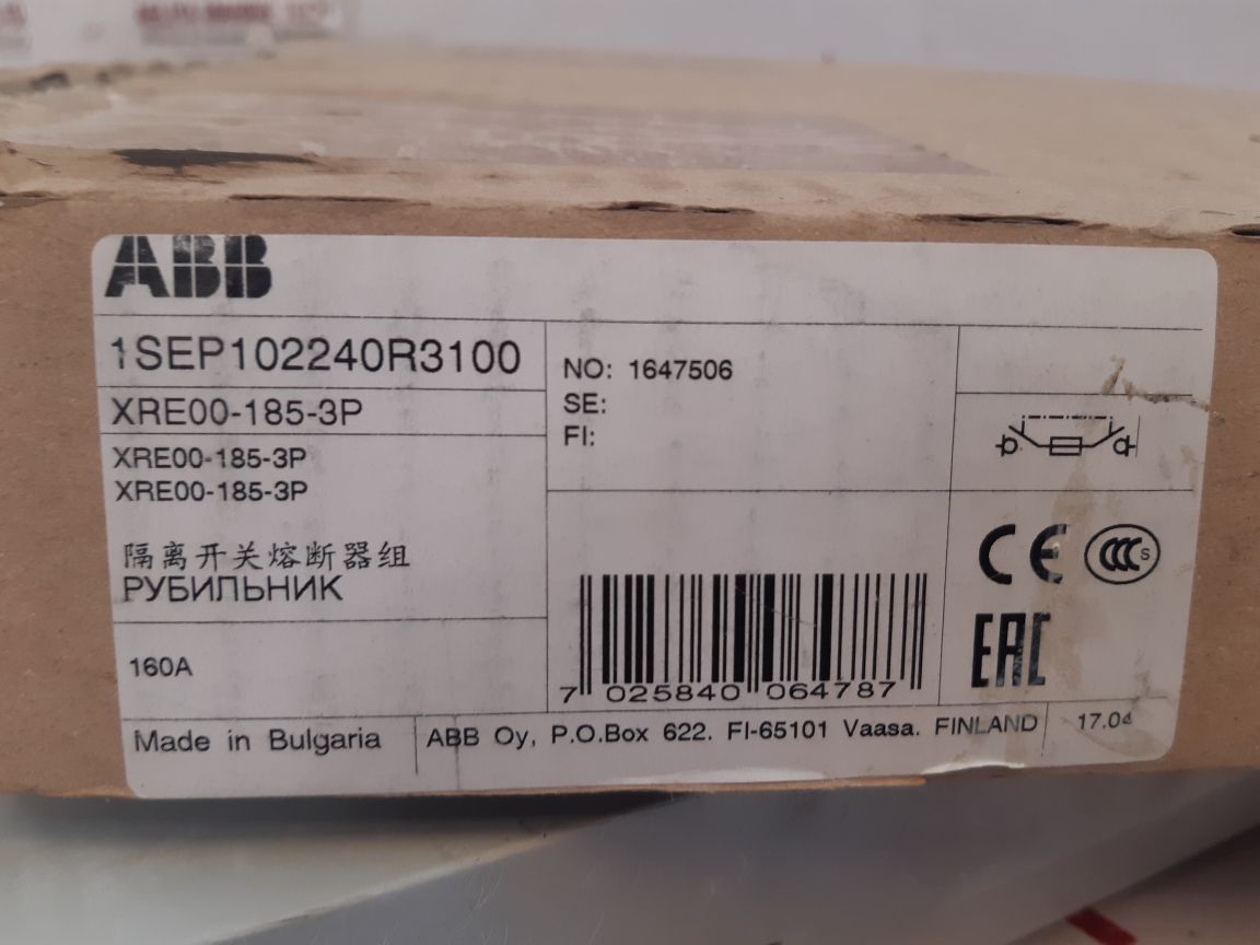 Abb Xre00-185-3P Switch Disconnector Fuse 1Sep102240R3100