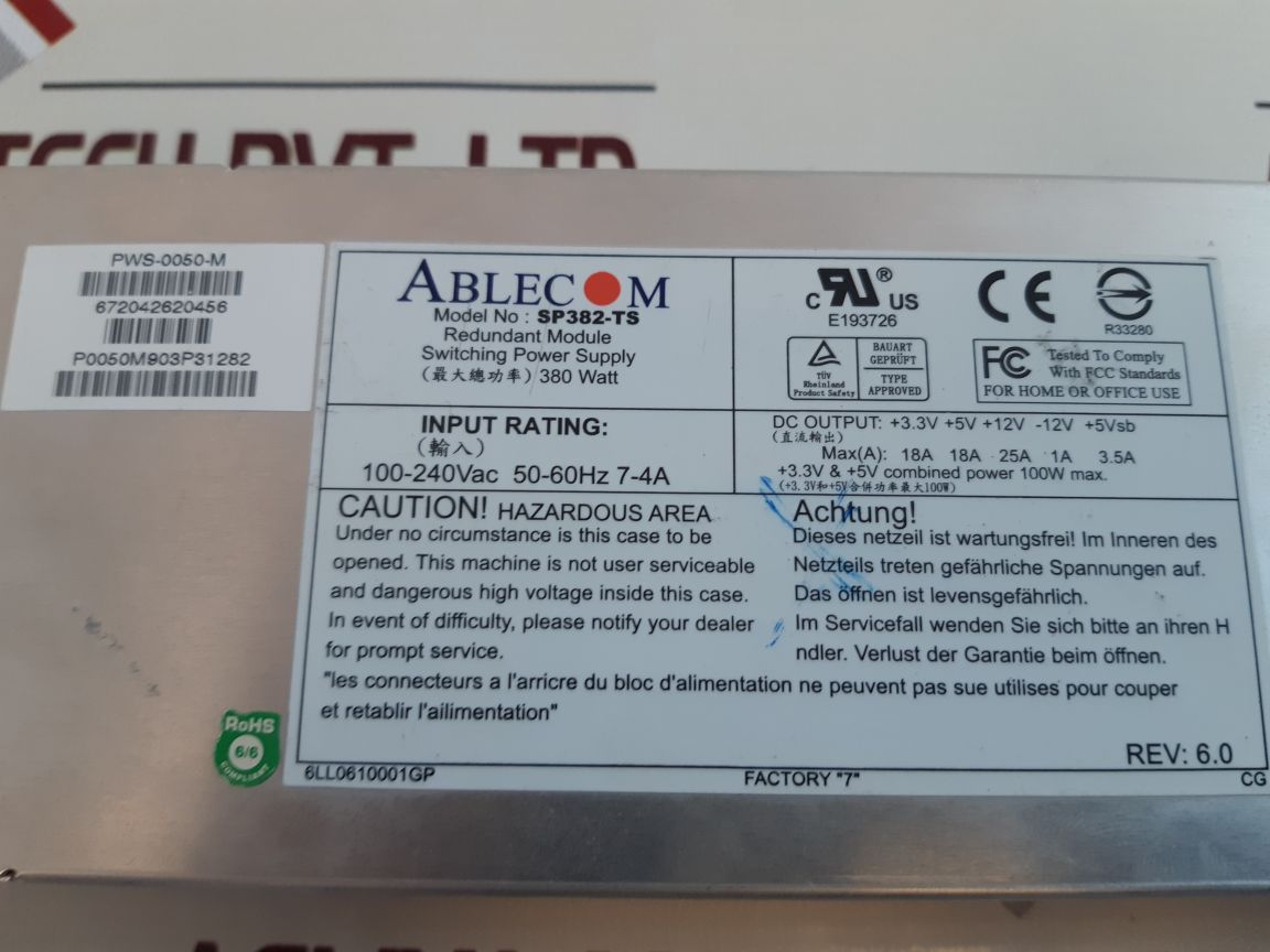 Ablecom sp382-ts pws-0050-m redundant module switching power supply rev 6.0