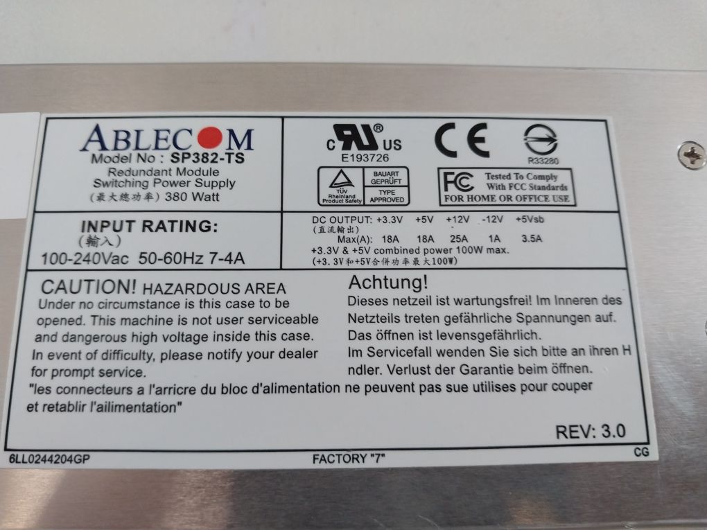 Ablecom Sp382-ts Redundant Module Switching Power Supply(Fan Not Working)