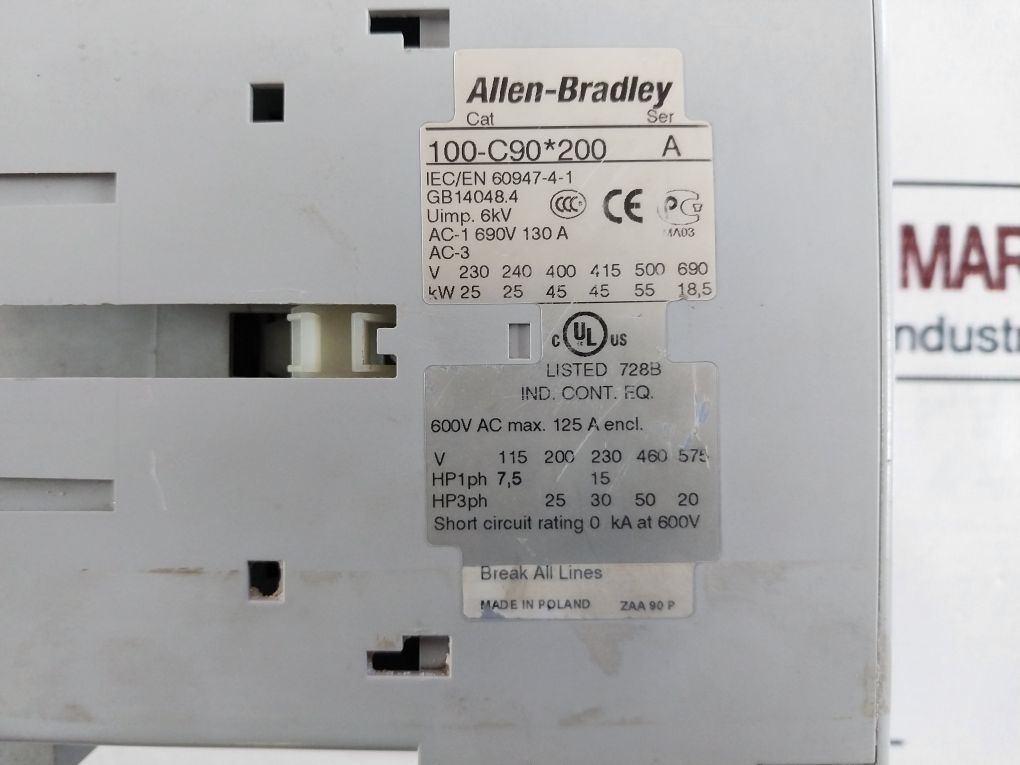 Allen-bradley 100-c90*200 Series A Contactor 600Vac