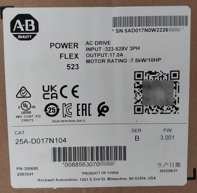 Sealed Pack Allen-bradley 25A-d017N104 Ser.B Powerflex 523 Ac Drive