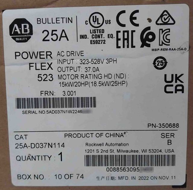 Sealed Pack Allen-bradley 25A-d037N114 Ser.B Powerflex 523 Ac Drives