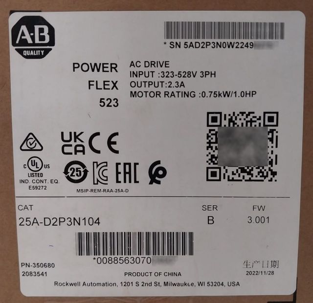 Sealed Pack Allen-bradley 25A-d2P3N104 Ser.B Powerflex 523 Ac Drive