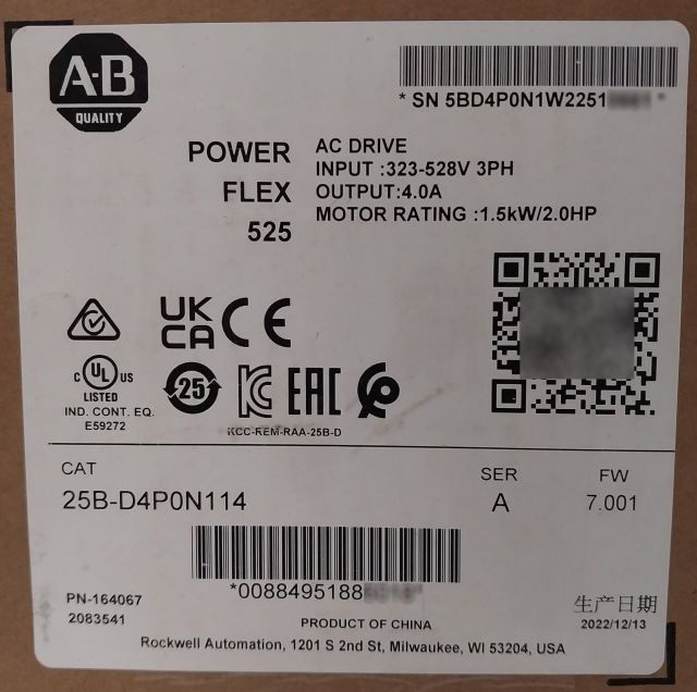 Sealed Pack Allen-bradley 25B-d4P0N114 Ser.A Powerflex 525 Ac Drive