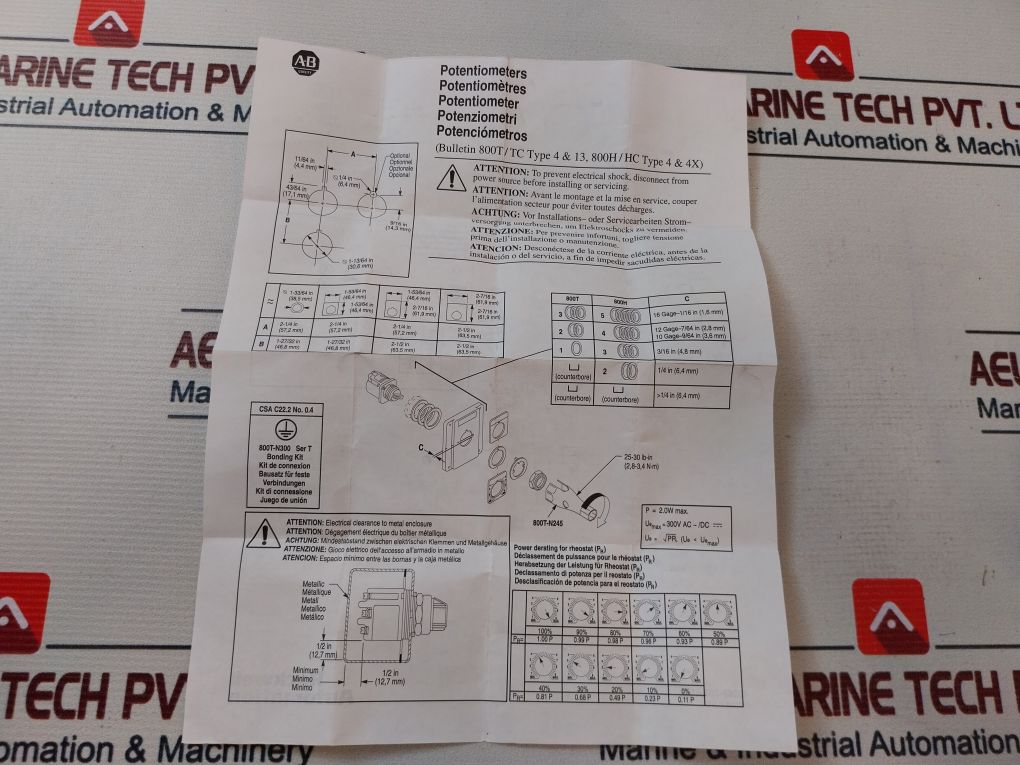 Allen-bradley 800T-u13 Potentiometer Bulletin 800T 300V