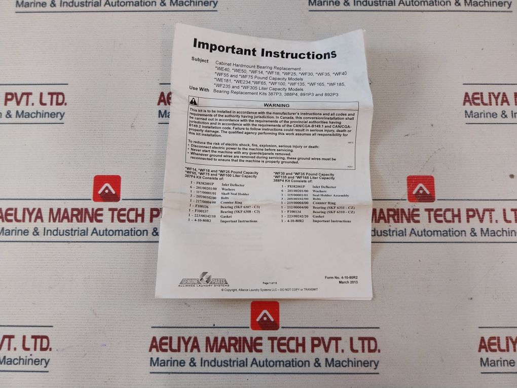 Alliance 388P4 Replacement Bearing Kit For Laundry Washer