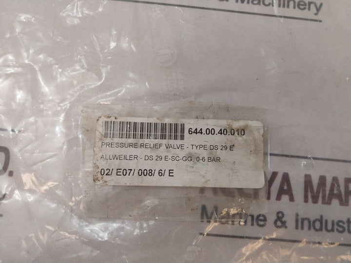 Allweiler Ds29E-w122 Pressure Relief Valve 0.6 Bar