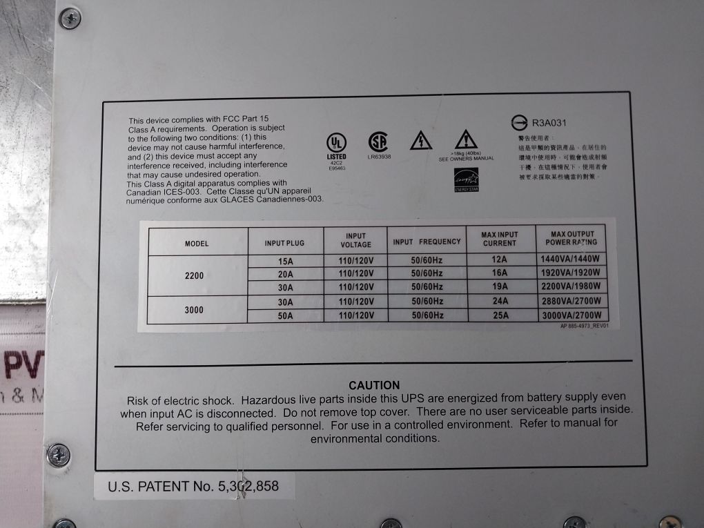 Apc Smt3000Rm2U Uninterruptible Power Supply 120V, 50/60Hz, 20A