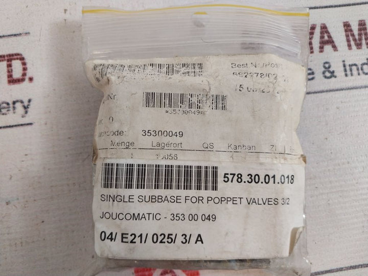 Asco 35300049 Single Subbase For Poppet Valve 3/2